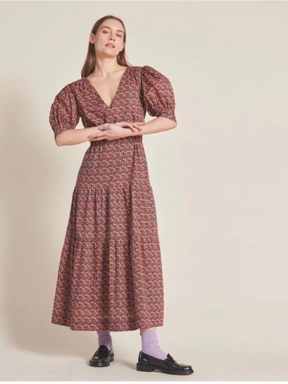 Rust Floral V-Neck Puff Sleeve Maxi Dress